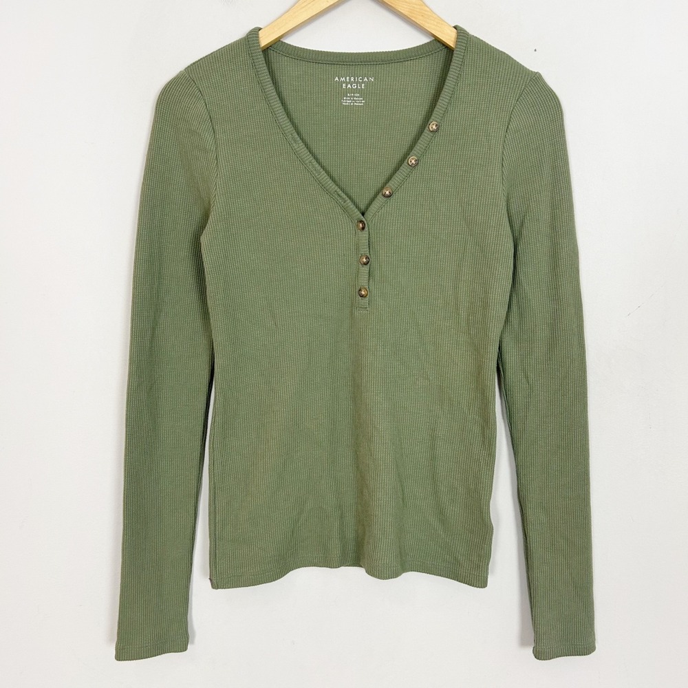 American Eagle Womens Olive Green Waffle Knit Long Sleeve Henley Top Size Small
